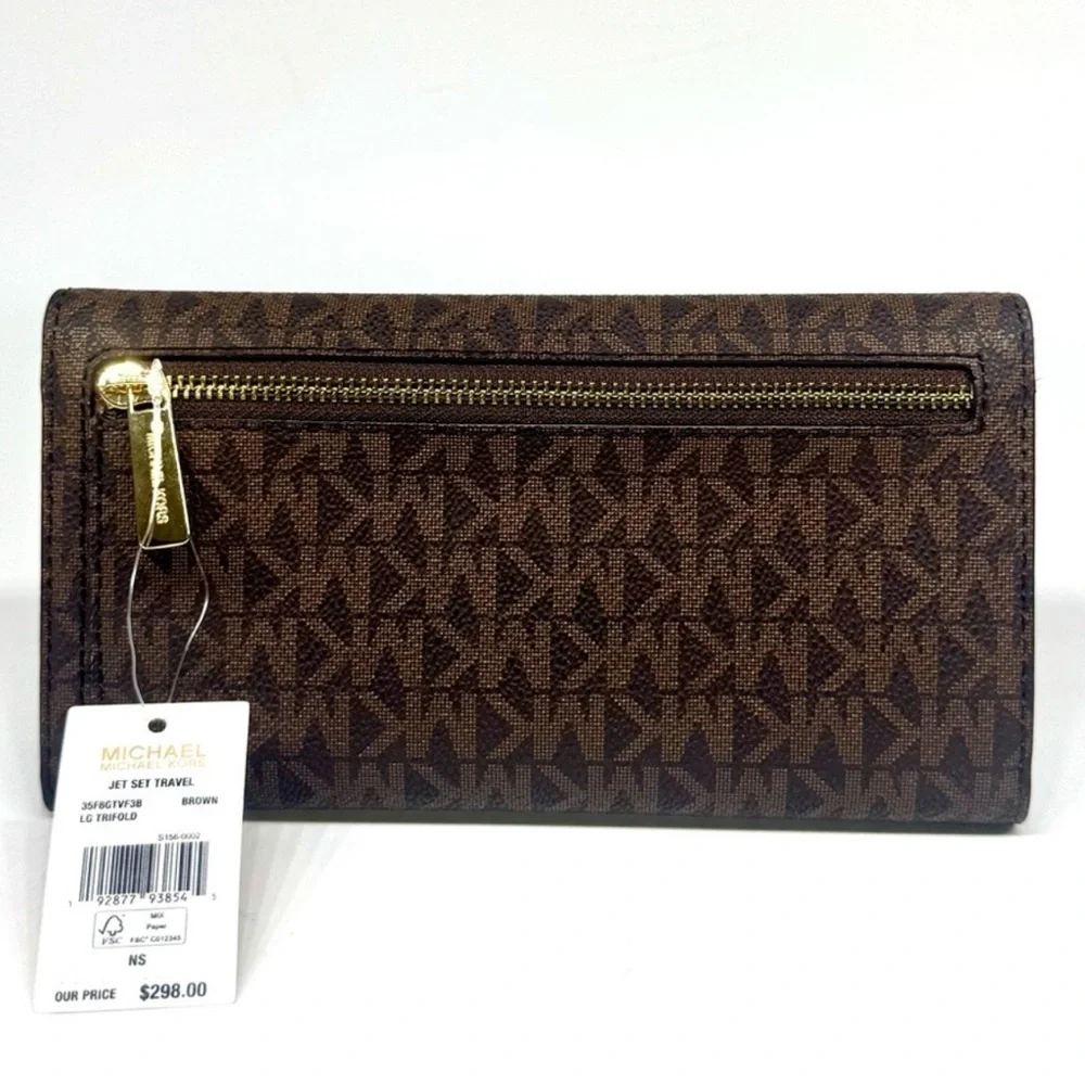 Michael Kors Large Jet Set Travel Trifold Wallet Brown Signature